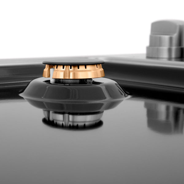 Brass burners and black porcelain cooktop on ZLINE Drop-in Gas Cooktop.