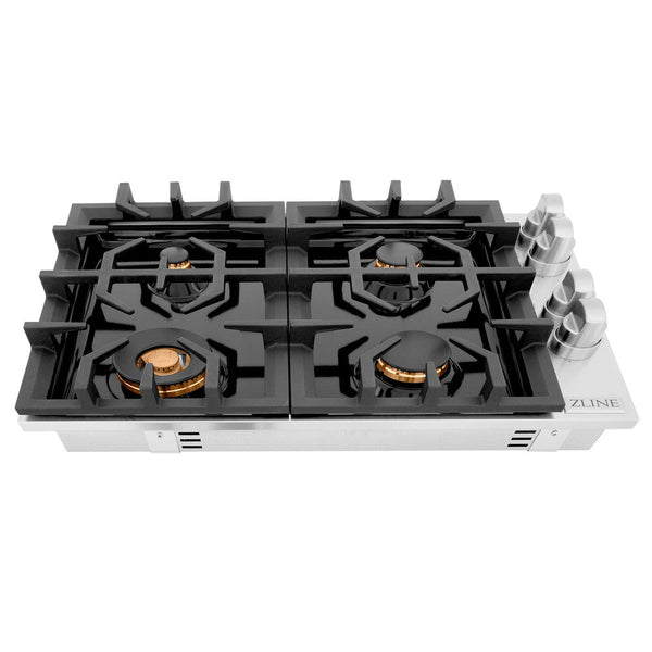 ZLINE 30 in. Gas Cooktop with 4 Brass Burners and Black Porcelain Top (RC-BR-30-PBT)-Cooktops-RC-BR-30-PBT ZLINE Kitchen and Bath