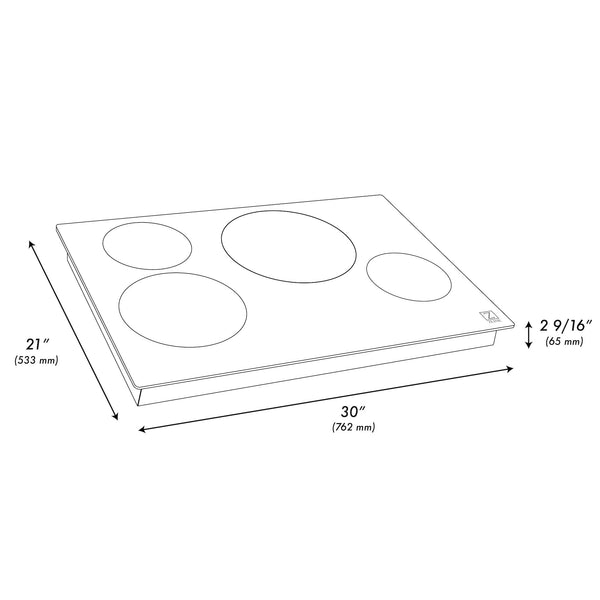 ZLINE 30 in. Induction Cooktop with 4 burners (RCIND-30) dimensional diagram with measurements.
