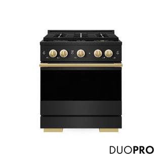 ZLINE Autograph Edition 30 in. 4.2 cu. ft. Marino Dual Fuel Range with 4 Burner DuoPro™ Cooktop and Electric Convection Oven in Black Stainless Steel and Polished Gold Accents (PMDRBZ-30-G)
