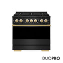 ZLINE Autograph Edition 36 in. 5.2 cu. ft. Marino Dual Fuel Range with 6 Burner DuoPro™ Cooktop and Electric Convection Oven in Black Stainless Steel and Polished Gold Accents (PMDRBZ-36-G)