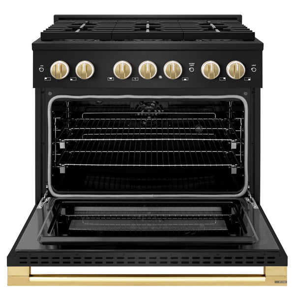 ZLINE Autograph Edition 36 in. 5.2 cu. ft. Marino Dual Fuel Range with 6 Burner DuoPro™ Cooktop and Electric Convection Oven in Black Stainless Steel and Polished Gold Accents (PMDRBZ-36-G)