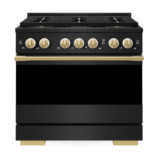 ZLINE Autograph Edition 36 in. 5.2 cu. ft. Marino Dual Fuel Range with 6 Burner DuoPro™ Cooktop and Electric Convection Oven in Black Stainless Steel and Polished Gold Accents (PMDRBZ-36-G)