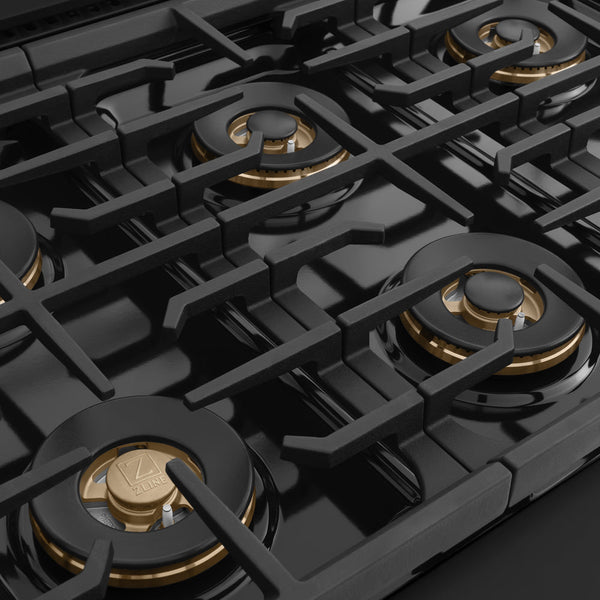 ZLINE Autograph Edition 48 in. 6.7 cu. ft. Marino Dual Fuel Range with 8 Burner DuoPro™ Cooktop and Dual Ovens in Black Stainless Steel and Polished Gold Accents (PMDRBZ-48-G)
