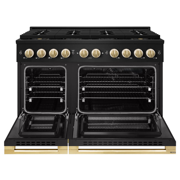 ZLINE Autograph Edition 48 in. 6.7 cu. ft. Marino Dual Fuel Range with 8 Burner DuoPro™ Cooktop and Dual Ovens in Black Stainless Steel and Polished Gold Accents (PMDRBZ-48-G)