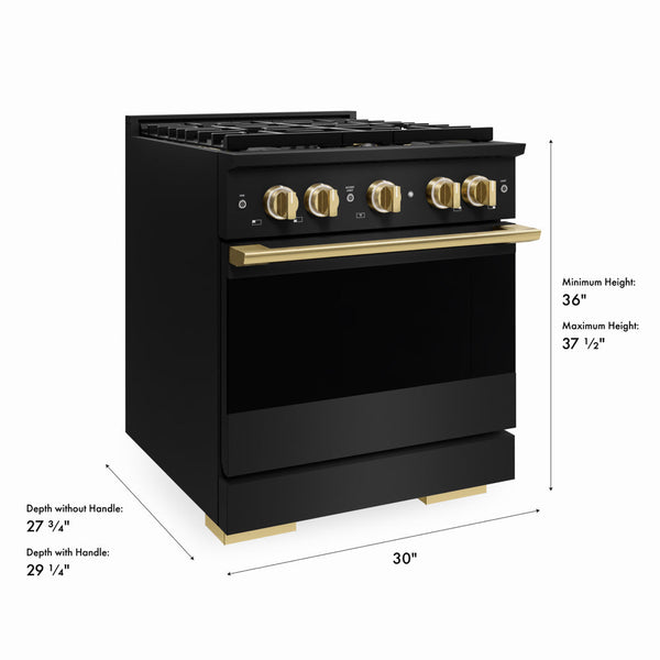 ZLINE Autograph Edition 30 in. 4.2 cu. ft. Marino Gas Range with 4 Burner DuoPro™ Cooktop and Convection Gas Oven in Black Stainless Steel and Polished Gold Accents (PMGRBZ-30-G)