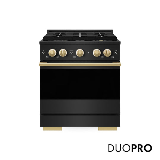 ZLINE Autograph Edition 30 in. 4.2 cu. ft. Marino Gas Range with 4 Burner DuoPro™ Cooktop and Convection Gas Oven in Black Stainless Steel and Polished Gold Accents (PMGRBZ-30-G)
