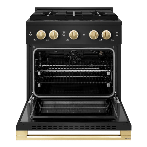 ZLINE Autograph Edition 30 in. 4.2 cu. ft. Marino Gas Range with 4 Burner DuoPro™ Cooktop and Convection Gas Oven in Black Stainless Steel and Polished Gold Accents (PMGRBZ-30-G)