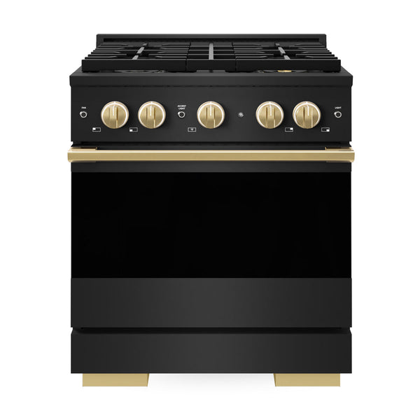 ZLINE Autograph Edition 30 in. 4.2 cu. ft. Marino Gas Range with 4 Burner DuoPro™ Cooktop and Convection Gas Oven in Black Stainless Steel and Polished Gold Accents (PMGRBZ-30-G)