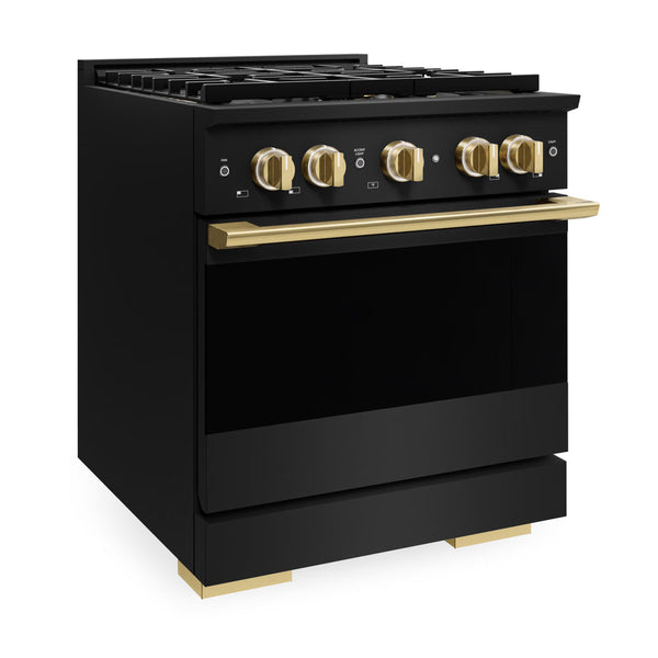 ZLINE Autograph Edition 30 in. 4.2 cu. ft. Marino Gas Range with 4 Burner DuoPro™ Cooktop and Convection Gas Oven in Black Stainless Steel and Polished Gold Accents (PMGRBZ-30-G)