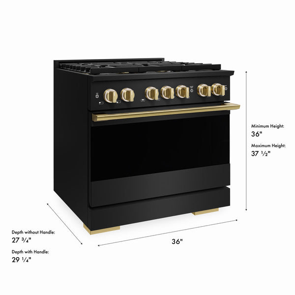 ZLINE Autograph Edition 36 in. 5.2 cu. ft. Marino Gas Range with 6 Burner DuoPro™ Cooktop and Convection Gas Oven in Black Stainless Steel and Polished Gold Accents (PMGRBZ-36-G)