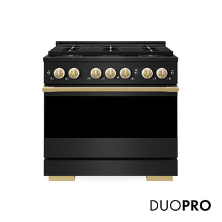 ZLINE Autograph Edition 36 in. 5.2 cu. ft. Marino Gas Range with 6 Burner DuoPro™ Cooktop and Convection Gas Oven in Black Stainless Steel and Polished Gold Accents (PMGRBZ-36-G)