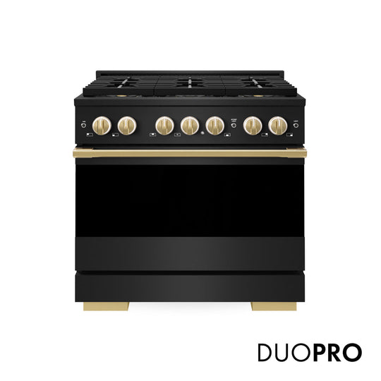 ZLINE Autograph Edition 36 in. 5.2 cu. ft. Marino Gas Range with 6 Burner DuoPro™ Cooktop and Convection Gas Oven in Black Stainless Steel and Polished Gold Accents (PMGRBZ-36-G)