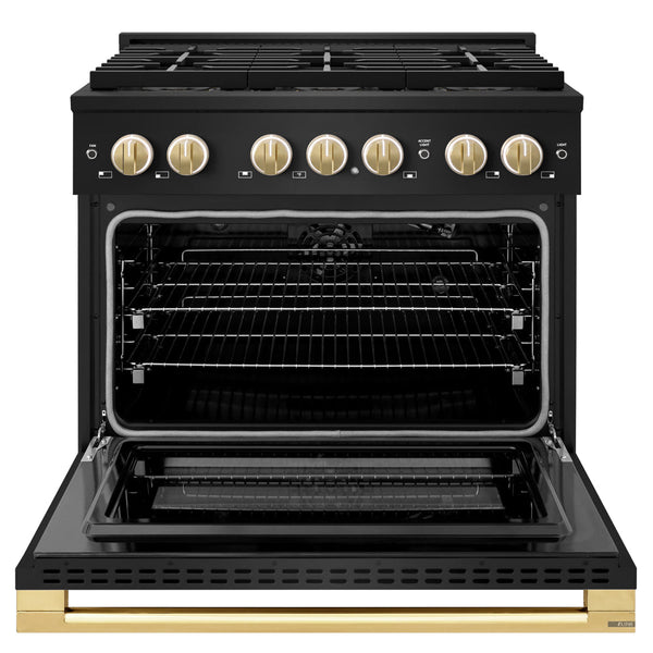 ZLINE Autograph Edition 36 in. 5.2 cu. ft. Marino Gas Range with 6 Burner DuoPro™ Cooktop and Convection Gas Oven in Black Stainless Steel and Polished Gold Accents (PMGRBZ-36-G)