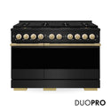 ZLINE Autograph Edition 48 in. 6.7 cu. ft. Marino Gas Range with 8 Burner DuoPro™ Cooktop and Dual Ovens in Black Stainless Steel and Polished Gold Accents (PMGRBZ-48-G)