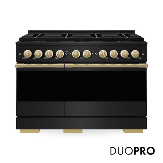 ZLINE Autograph Edition 48 in. 6.7 cu. ft. Marino Gas Range with 8 Burner DuoPro™ Cooktop and Dual Ovens in Black Stainless Steel and Polished Gold Accents (PMGRBZ-48-G)