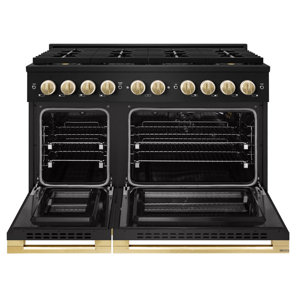 ZLINE Autograph Edition 48 in. 6.7 cu. ft. Marino Gas Range with 8 Burner DuoPro™ Cooktop and Dual Ovens in Black Stainless Steel and Polished Gold Accents (PMGRBZ-48-G)