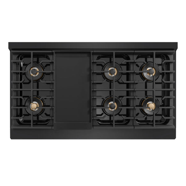 ZLINE Autograph Edition 48 in. 6.7 cu. ft. Marino Gas Range with 8 Burner DuoPro™ Cooktop and Dual Ovens in Black Stainless Steel and Polished Gold Accents (PMGRBZ-48-G)