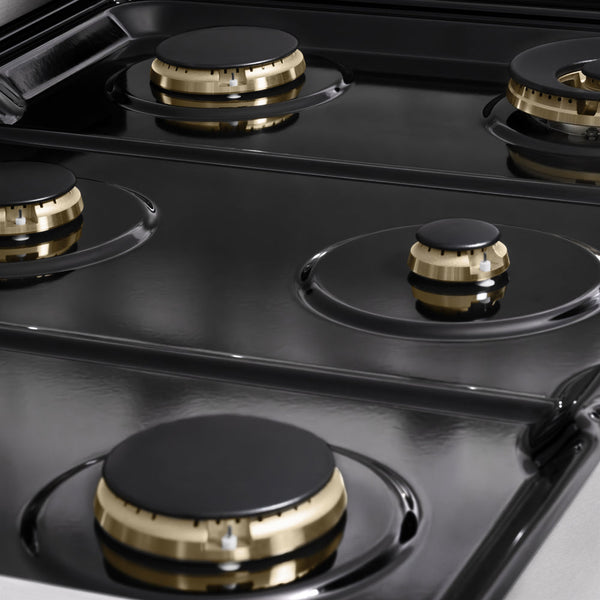 ZLINE 36 in. 5.2 cu. ft. Marino Dual Fuel Range with Gas Cooktop and Electric Convection Oven in Satin Stainless Steel with 6 Brass Burners (MDRS-BR-36)