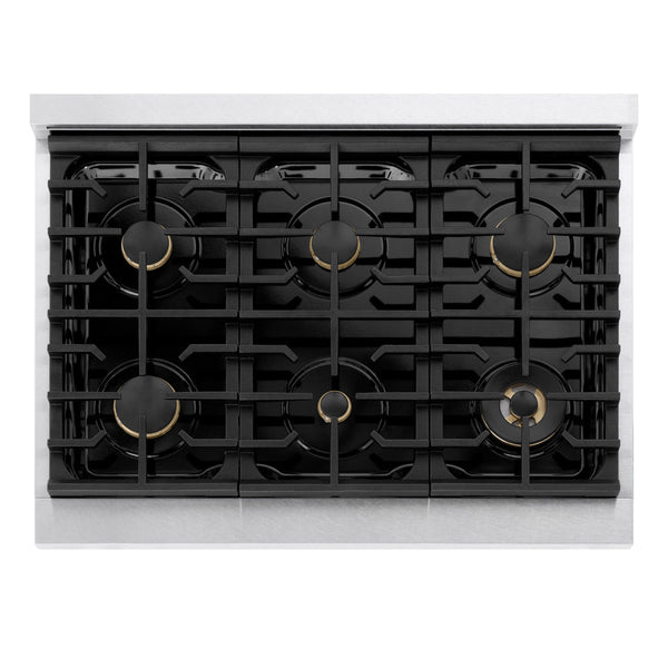 ZLINE 36 in. 5.2 cu. ft. Marino Dual Fuel Range with Gas Cooktop and Electric Convection Oven in Satin Stainless Steel with 6 Brass Burners (MDRS-BR-36)