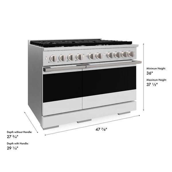 ZLINE 48 in. 6.7 cu. ft. Marino Double Oven Gas Range with 8 Burner Cooktop in Satin Stainless Steel with White Matte Doors (MGRS-WM-48)