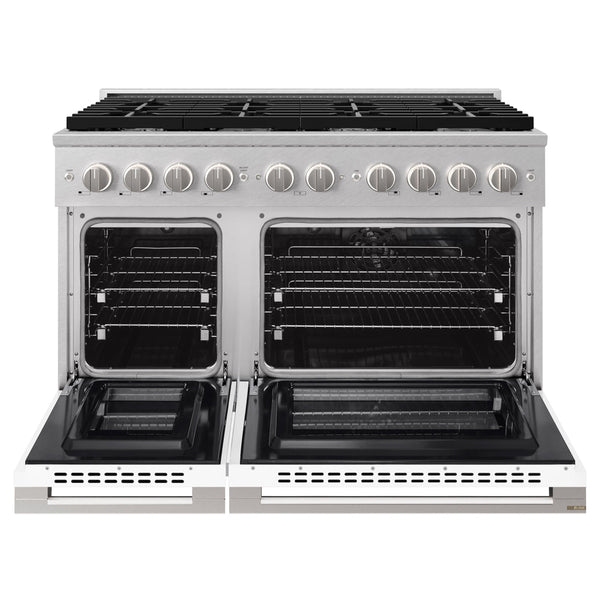 ZLINE 48 in. 6.7 cu. ft. Marino Double Oven Dual Fuel Range with 8 Burner Gas Cooktop in Satin Stainless Steel with White Matte Doors (MDRS-WM-48)