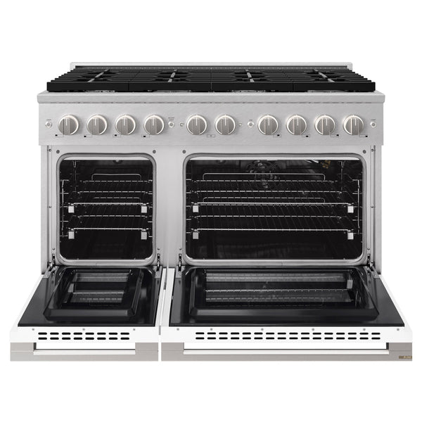 ZLINE 48 in. 6.7 cu. ft. Marino Double Oven Gas Range with 8 Burner Cooktop in Satin Stainless Steel with White Matte Doors (MGRS-WM-48)