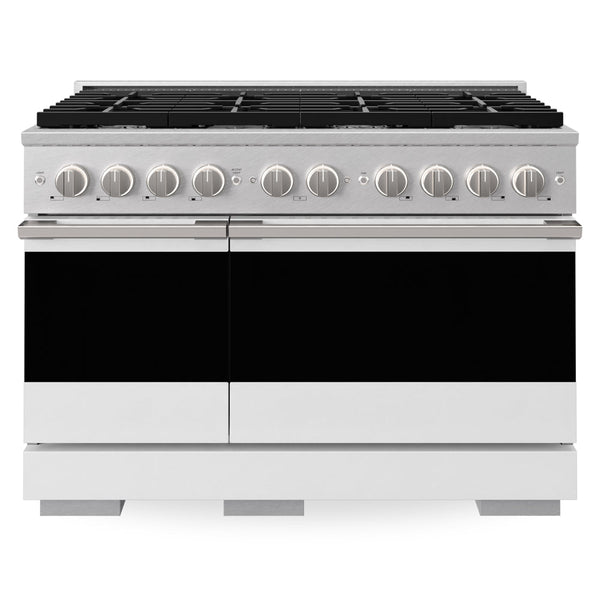 ZLINE 48 in. 6.7 cu. ft. Marino Double Oven Gas Range with 8 Burner Cooktop in Satin Stainless Steel with White Matte Doors (MGRS-WM-48)