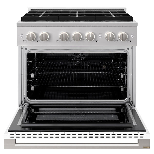ZLINE 36 in. 5.2 cu. ft. Marino Dual Fuel Range with 6 Burner Gas Cooktop and Electric Convection Oven in Stainless Steel with White Matte Door (MDR-WM-36)