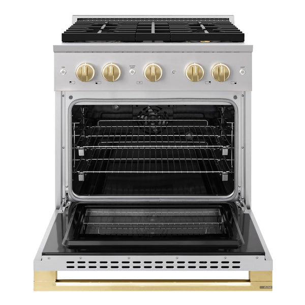 ZLINE Autograph Edition 30 in. 4.2 cu. ft. Marino Dual Fuel Range with 4 Burner DuoPro™ Cooktop and Electric Convection Oven in Stainless Steel with Polished Gold Accents (PMDRZ-30-G)