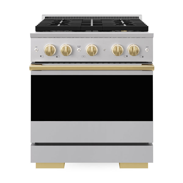 ZLINE Autograph Edition 30 in. 4.2 cu. ft. Marino Dual Fuel Range with 4 Burner DuoPro™ Cooktop and Electric Convection Oven in Stainless Steel with Polished Gold Accents (PMDRZ-30-G)