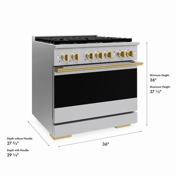 ZLINE Autograph Edition 36 in. 5.2 cu. ft. Marino Dual Fuel Range with 6 Burner DuoPro™ Cooktop and Electric Convection Oven in Stainless Steel and Polished Gold Accents (PMDRZ-36-G)