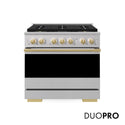 ZLINE Autograph Edition 36 in. 5.2 cu. ft. Marino Dual Fuel Range with 6 Burner DuoPro™ Cooktop and Electric Convection Oven in Stainless Steel and Polished Gold Accents (PMDRZ-36-G)