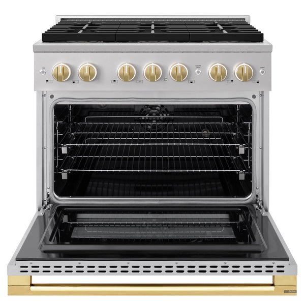 ZLINE Autograph Edition 36 in. 5.2 cu. ft. Marino Dual Fuel Range with 6 Burner DuoPro™ Cooktop and Electric Convection Oven in Stainless Steel and Polished Gold Accents (PMDRZ-36-G)