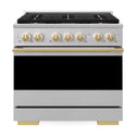 ZLINE Autograph Edition 36 in. 5.2 cu. ft. Marino Dual Fuel Range with 6 Burner DuoPro™ Cooktop and Electric Convection Oven in Stainless Steel and Polished Gold Accents (PMDRZ-36-G)