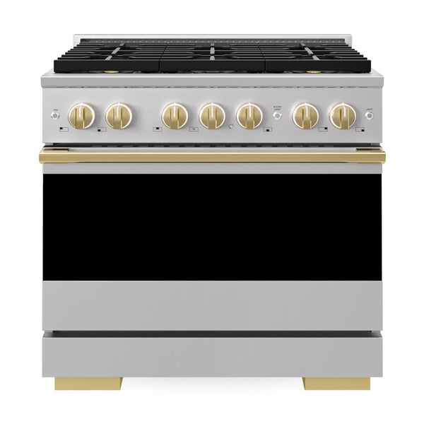 ZLINE Autograph Edition 36 in. 5.2 cu. ft. Marino Dual Fuel Range with 6 Burner DuoPro™ Cooktop and Electric Convection Oven in Stainless Steel and Polished Gold Accents (PMDRZ-36-G)