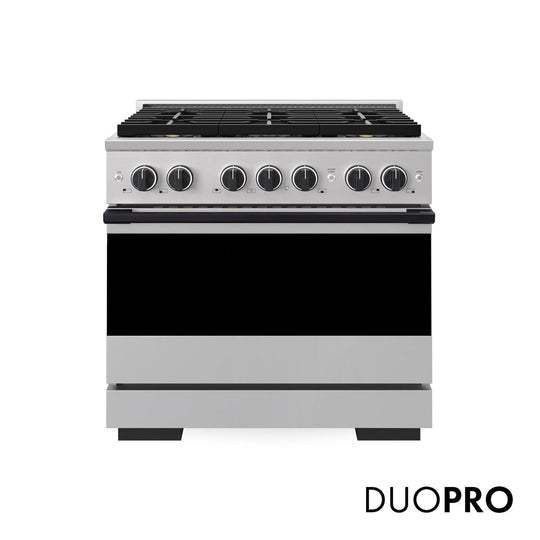 ZLINE Autograph Edition 36 in. 5.2 cu. ft. Marino Dual Fuel Range with 6 Burner DuoPro™ Cooktop and Electric Convection Oven in Stainless Steel and Matte Black Accents (PMDRZ-36-MB)