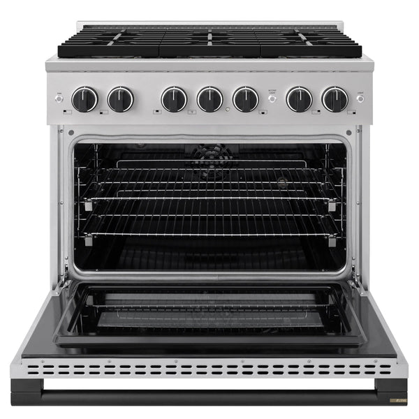 ZLINE Autograph Edition 36 in. 5.2 cu. ft. Marino Dual Fuel Range with 6 Burner DuoPro™ Cooktop and Electric Convection Oven in Stainless Steel and Matte Black Accents (PMDRZ-36-MB)