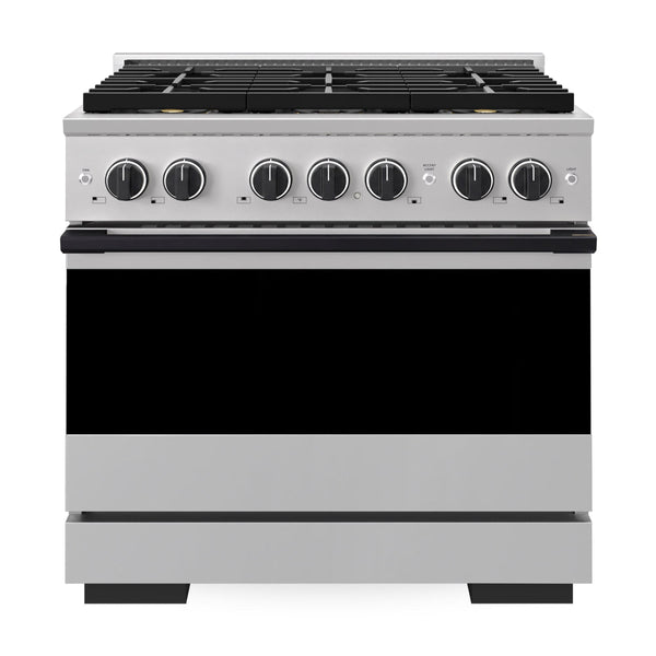ZLINE Autograph Edition 36 in. 5.2 cu. ft. Marino Dual Fuel Range with 6 Burner DuoPro™ Cooktop and Electric Convection Oven in Stainless Steel and Matte Black Accents (PMDRZ-36-MB)
