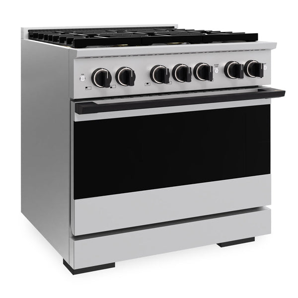 ZLINE Autograph Edition 36 in. 5.2 cu. ft. Marino Dual Fuel Range with 6 Burner DuoPro™ Cooktop and Electric Convection Oven in Stainless Steel and Matte Black Accents (PMDRZ-36-MB)