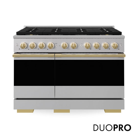 ZLINE Autograph Edition 48 in. 6.7 cu. ft. Marino Dual Fuel Range with 8 Burner DuoPro™ Cooktop and Dual Ovens in Stainless Steel and Polished Gold Accents (PMDRZ-48-G)