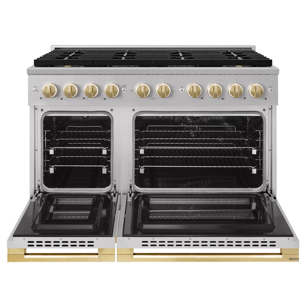 ZLINE Autograph Edition 48 in. 6.7 cu. ft. Marino Dual Fuel Range with 8 Burner DuoPro™ Cooktop and Dual Ovens in Stainless Steel and Polished Gold Accents (PMDRZ-48-G)