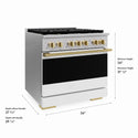 ZLINE Autograph Edition 36 in. 5.2 cu. ft. Marino Dual Fuel Range with 6 Burner DuoPro™ Cooktop and Electric Convection Oven with White Matte Door and Polished Gold Accents (PMDRZ-WM-36-G)