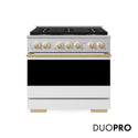 ZLINE Autograph Edition 36 in. 5.2 cu. ft. Marino Dual Fuel Range with 6 Burner DuoPro™ Cooktop and Electric Convection Oven with White Matte Door and Polished Gold Accents (PMDRZ-WM-36-G)