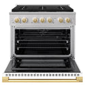 ZLINE Autograph Edition 36 in. 5.2 cu. ft. Marino Dual Fuel Range with 6 Burner DuoPro™ Cooktop and Electric Convection Oven with White Matte Door and Polished Gold Accents (PMDRZ-WM-36-G)
