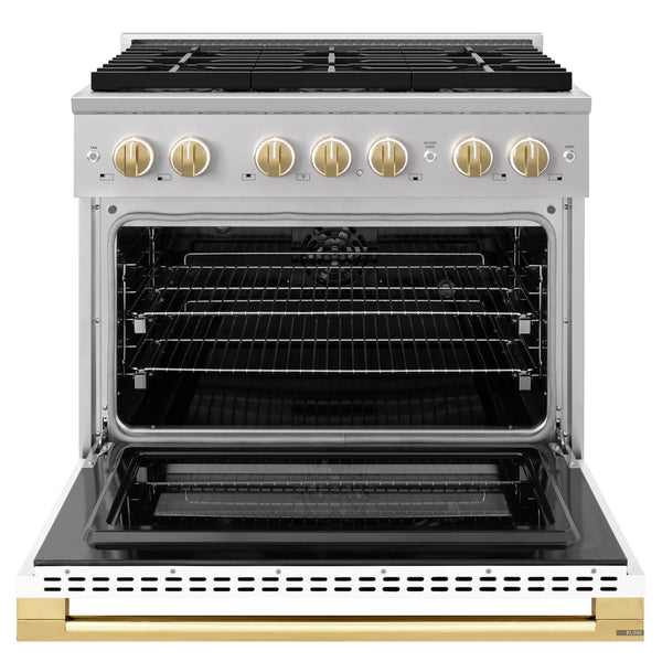 ZLINE Autograph Edition 36 in. 5.2 cu. ft. Marino Dual Fuel Range with 6 Burner DuoPro™ Cooktop and Electric Convection Oven with White Matte Door and Polished Gold Accents (PMDRZ-WM-36-G)