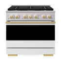ZLINE Autograph Edition 36 in. 5.2 cu. ft. Marino Dual Fuel Range with 6 Burner DuoPro™ Cooktop and Electric Convection Oven with White Matte Door and Polished Gold Accents (PMDRZ-WM-36-G)
