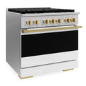 ZLINE Autograph Edition 36 in. 5.2 cu. ft. Marino Dual Fuel Range with 6 Burner DuoPro™ Cooktop and Electric Convection Oven with White Matte Door and Polished Gold Accents (PMDRZ-WM-36-G)