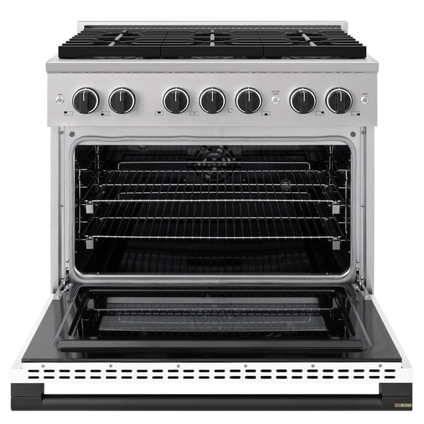 ZLINE Autograph Edition 36 in. 5.2 cu. ft. Marino Dual Fuel Range with 6 Burner DuoPro™ Cooktop and Electric Convection Oven with White Matte Door and Matte Black Accents (PMDRZ-WM-36-MB)