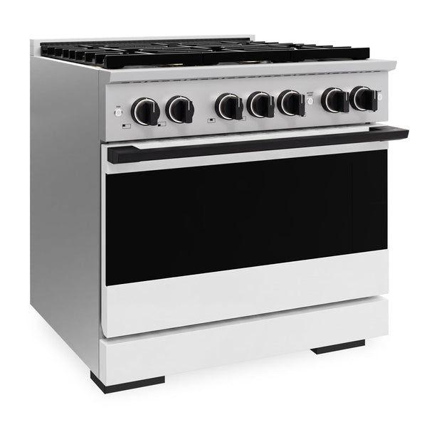 ZLINE Autograph Edition 36 in. 5.2 cu. ft. Marino Dual Fuel Range with 6 Burner DuoPro™ Cooktop and Electric Convection Oven with White Matte Door and Matte Black Accents (PMDRZ-WM-36-MB)